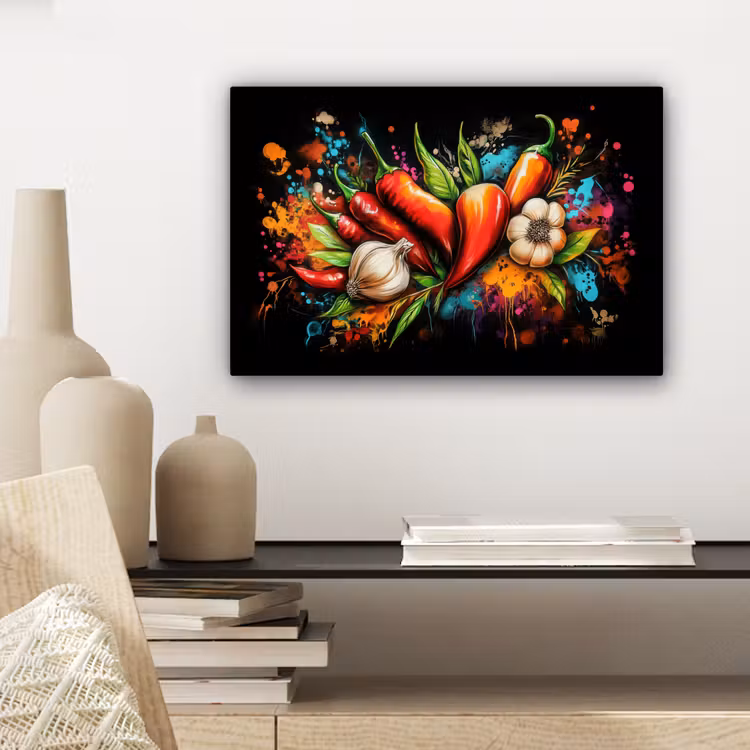 Groente - Peper - Knoflook - Graffiti - Verf - Kleurrijk canvas 2cm klein -sfeer6