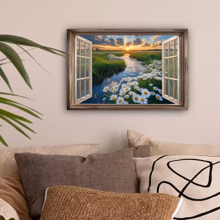 Doorkijk - Landschap - Raam - Water - Zonsondergang canvas 2cm klein -sfeer1