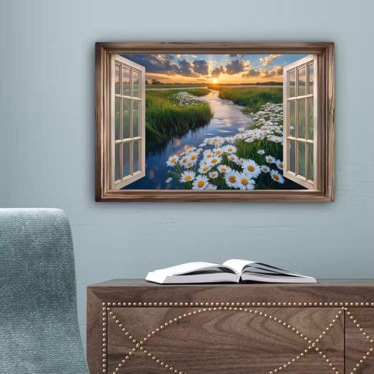 Doorkijk - Landschap - Raam - Water - Zonsondergang canvas 2cm klein -sfeer4