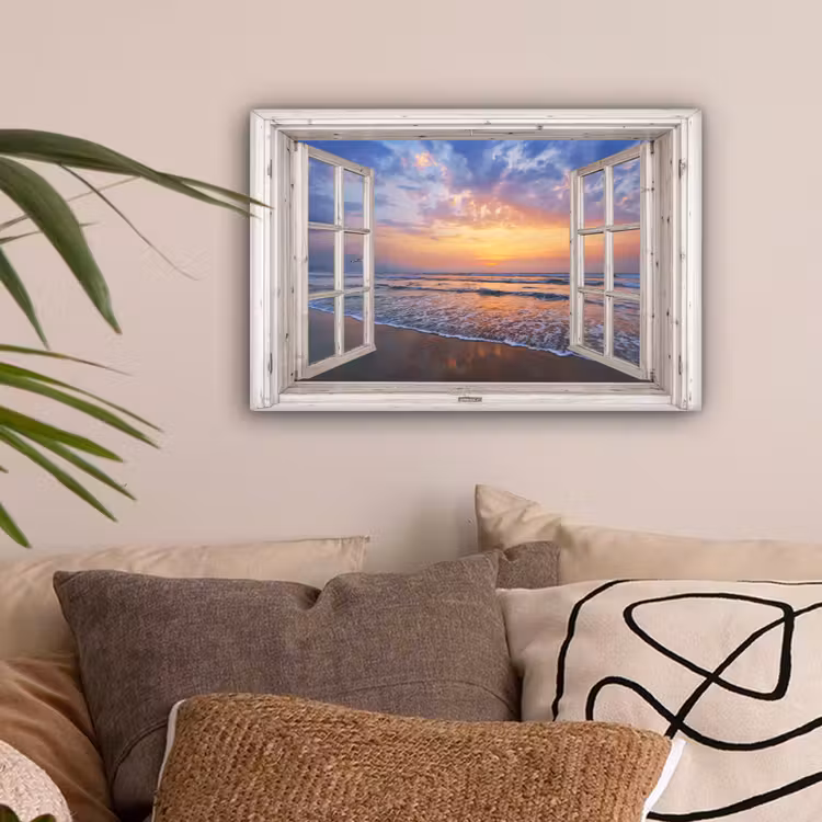 Doorkijk - Zee - Strand - Zonsondergang - Blauw canvas 2cm klein -sfeer1