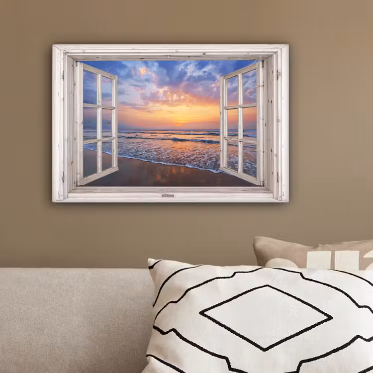 Doorkijk - Zee - Strand - Zonsondergang - Blauw canvas 2cm klein -sfeer3