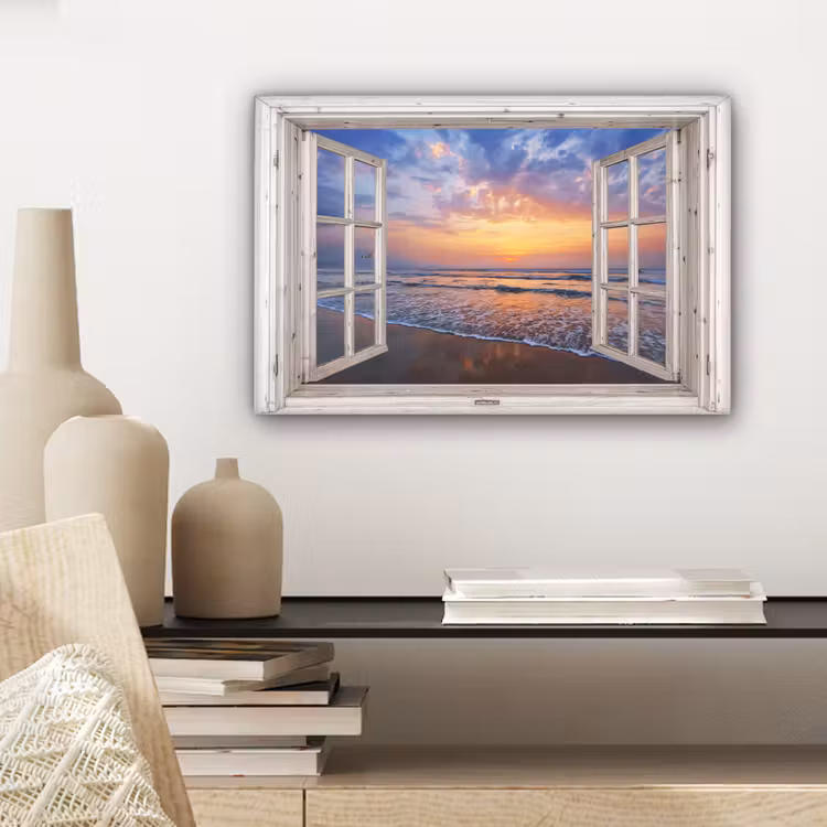 Doorkijk - Zee - Strand - Zonsondergang - Blauw canvas 2cm klein -sfeer6
