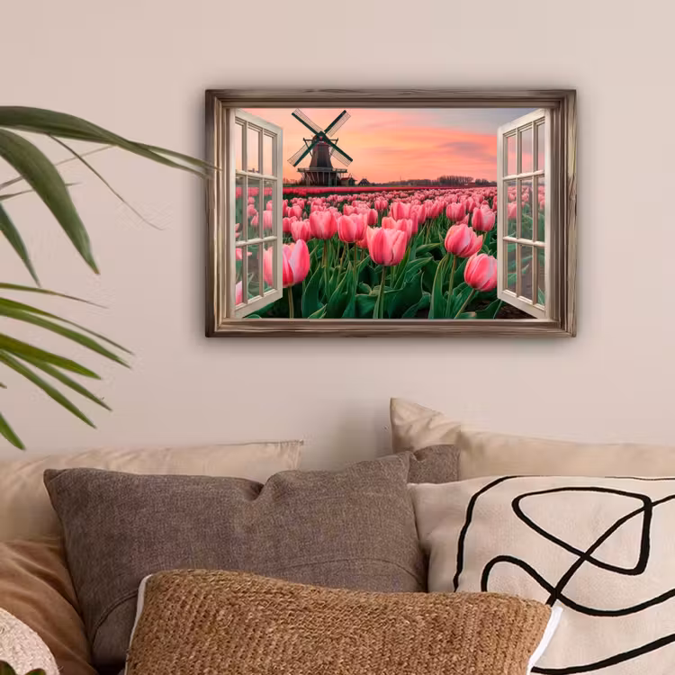 Doorkijk - Tulpen - Bloemen - Molen - Raam canvas 2cm klein -sfeer1