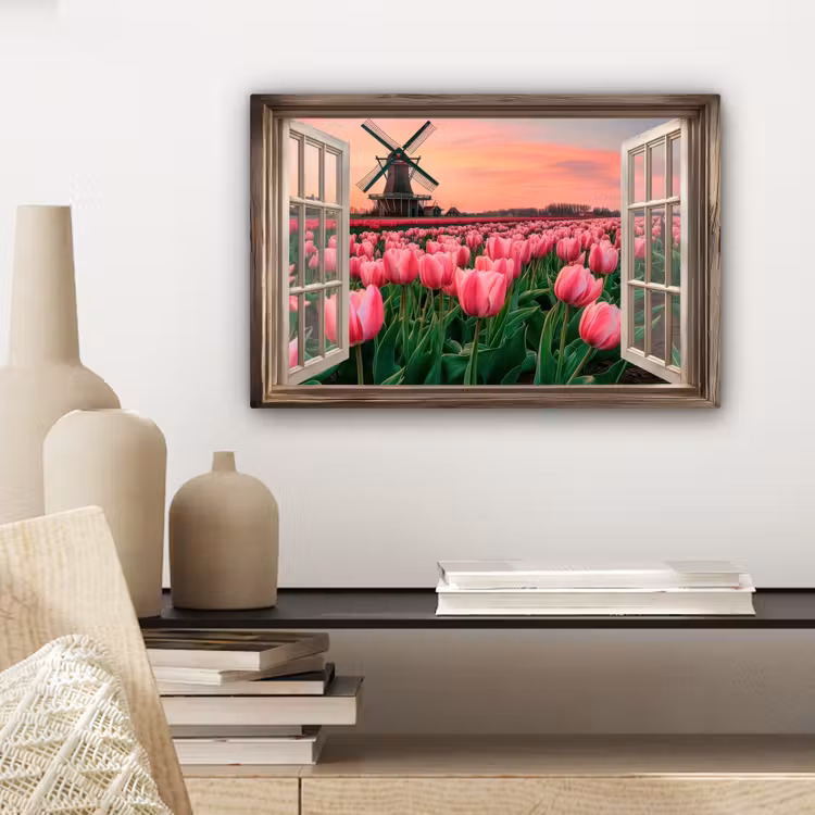 Doorkijk - Tulpen - Bloemen - Molen - Raam canvas 2cm klein -sfeer6