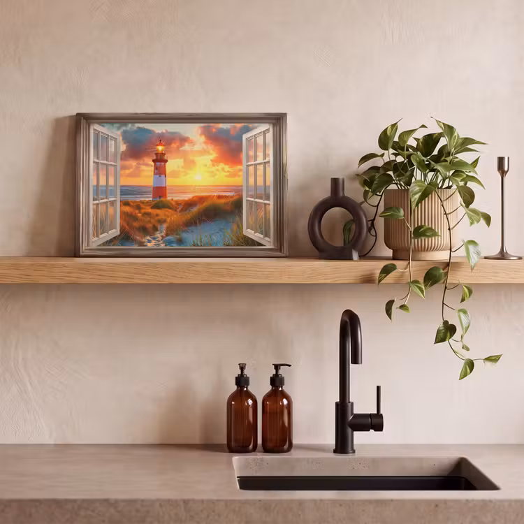 Doorkijk - Raam - Vuurtoren - Zonsondergang - Strand canvas 2cm klein -sfeer3