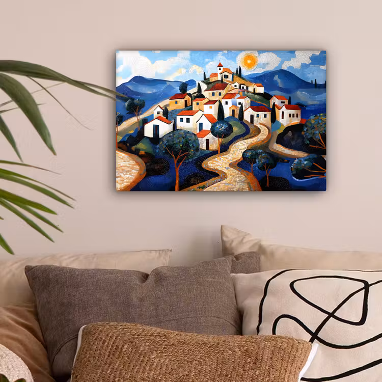 Dorp - Heuvelachtig - Zon - Mozaïek canvas 2cm klein -sfeer1