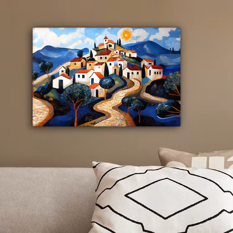 Dorp - Heuvelachtig - Zon - Mozaïek canvas 2cm klein -sfeer3