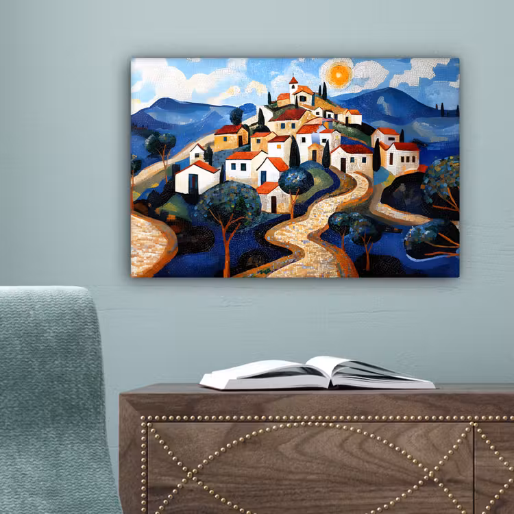 Dorp - Heuvelachtig - Zon - Mozaïek canvas 2cm klein -sfeer4