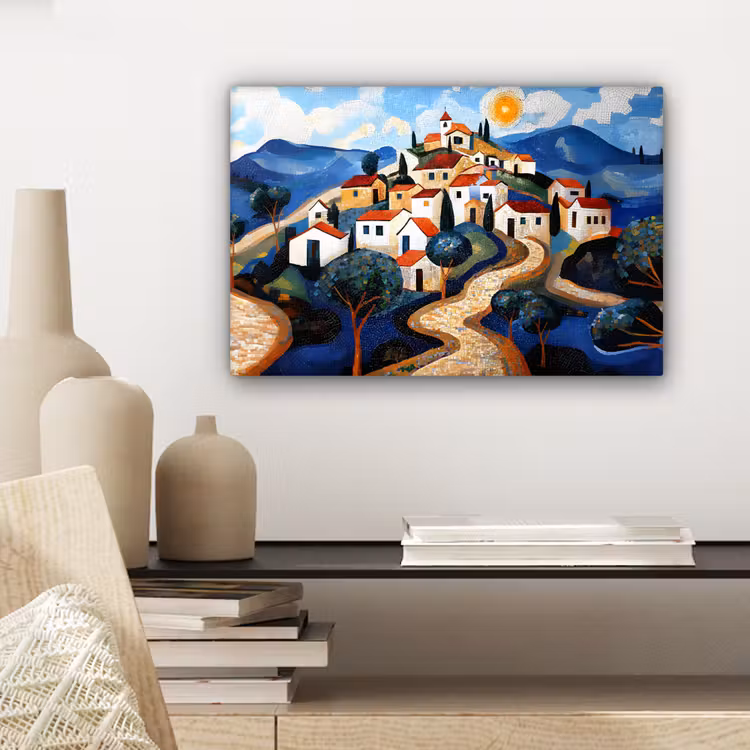 Dorp - Heuvelachtig - Zon - Mozaïek canvas 2cm klein -sfeer6