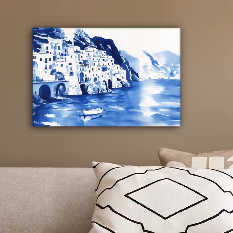 Dorp - Rotswand - Roeiboot - Water canvas 2cm klein -sfeer3