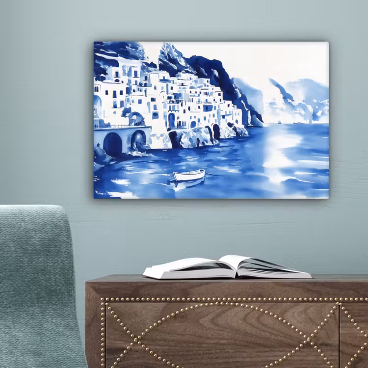 Dorp - Rotswand - Roeiboot - Water canvas 2cm klein -sfeer4