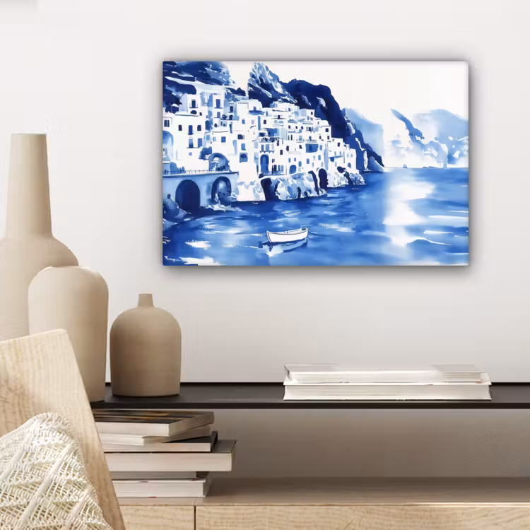 Dorp - Rotswand - Roeiboot - Water canvas 2cm klein -sfeer6