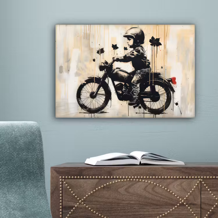 Vintage - Street art - Motor - Jongen - Graffiti - Zwart - Banksy canvas 2cm klein -sfeer4