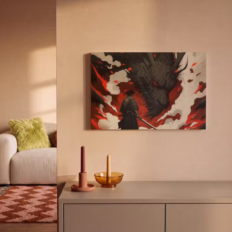 Krijger - Draak - Zwart - Rood - Rook canvas 2cm klein -sfeer1