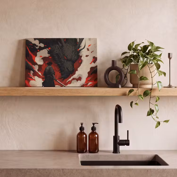 Krijger - Draak - Zwart - Rood - Rook canvas 2cm klein -sfeer3