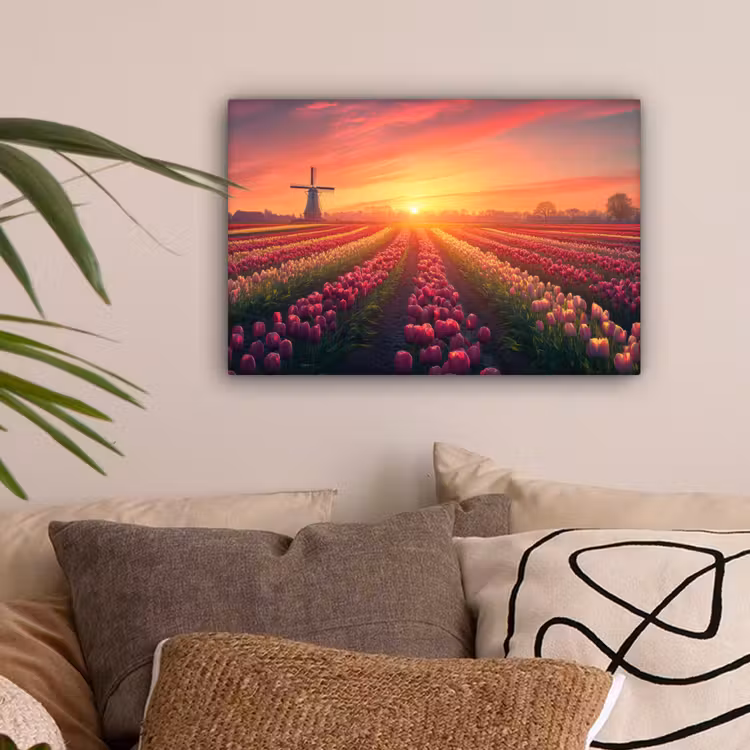 Windmolen - Zonsondergang - Landschap canvas 2cm klein -sfeer1