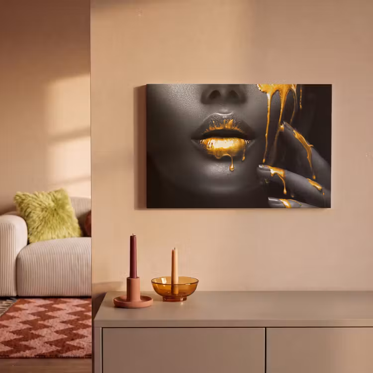 Vrouw - Zwart - Goud - Gezicht - Lippen canvas 2cm klein -sfeer1