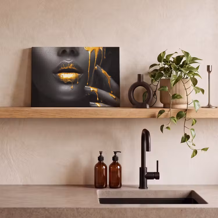 Vrouw - Zwart - Goud - Gezicht - Lippen canvas 2cm klein -sfeer3