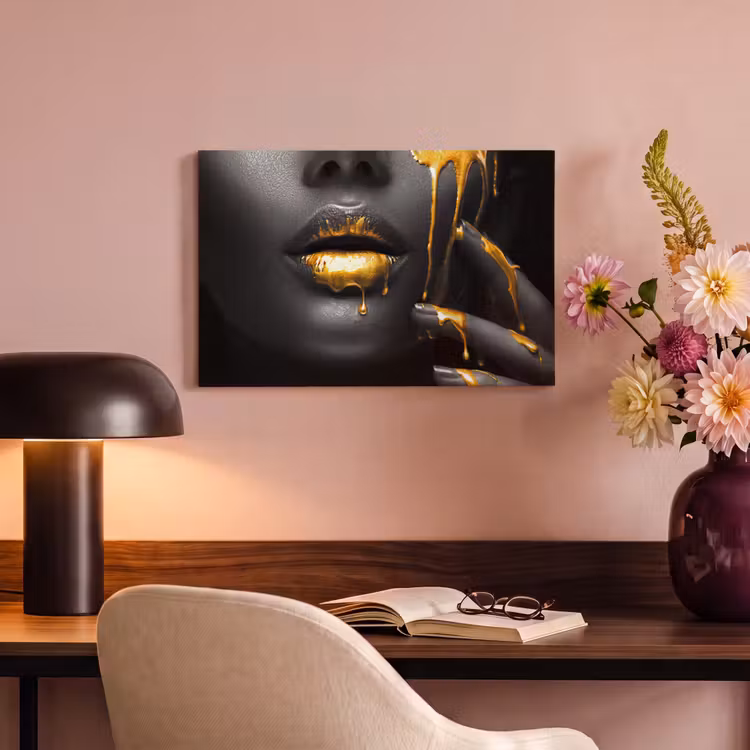 Vrouw - Zwart - Goud - Gezicht - Lippen canvas 2cm klein -sfeer4