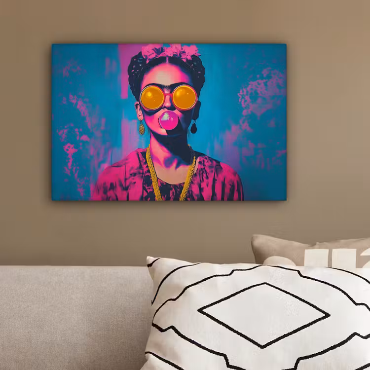 Vrouw - Kauwgom - Zonnebril - Oranje canvas 2cm klein -sfeer3