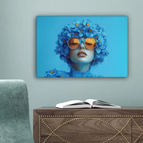 Vrouw - Bloem - Blauw - Modern - Bril - Portret canvas 2cm klein -sfeer4