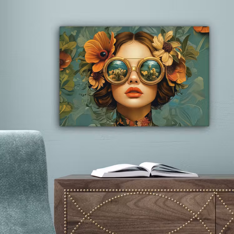 Vrouw - Bloemen - Vlinders - Natuur - Vintage canvas 2cm klein -sfeer4