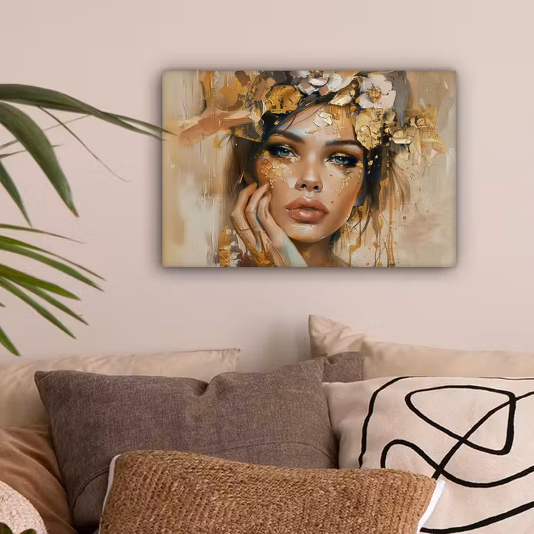 Vrouw - Bloemen - Goud - Portret canvas 2cm klein -sfeer1