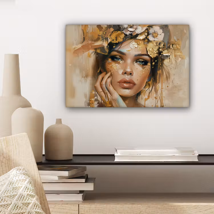 Vrouw - Bloemen - Goud - Portret canvas 2cm klein -sfeer6