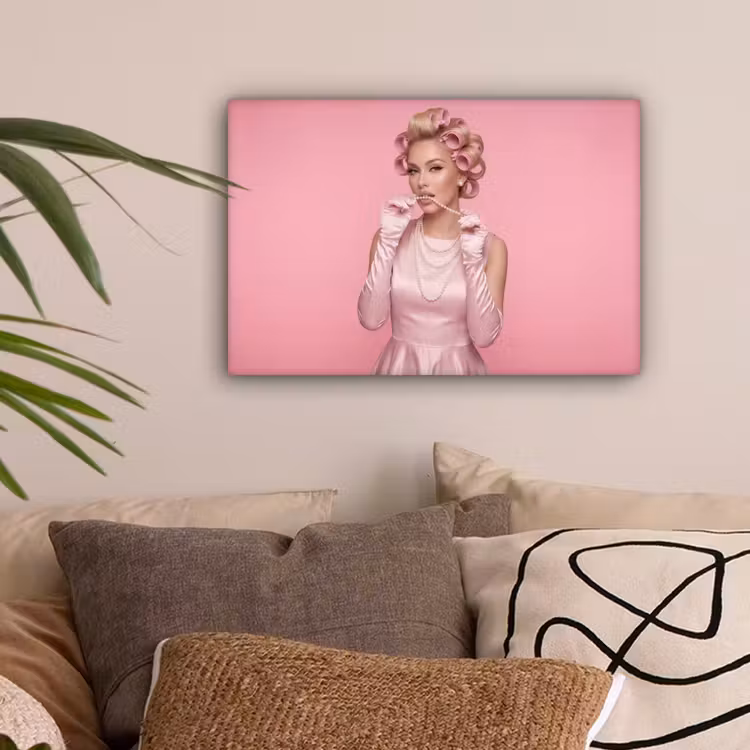 Vrouw - Roze - Parelketting - Krulspelden canvas 2cm klein -sfeer1