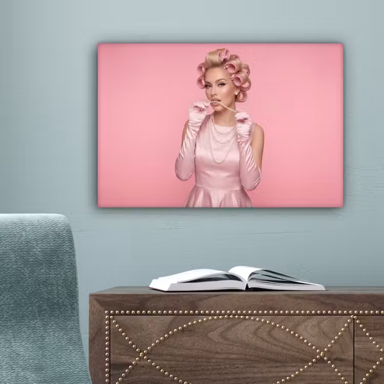 Vrouw - Roze - Parelketting - Krulspelden canvas 2cm klein -sfeer4