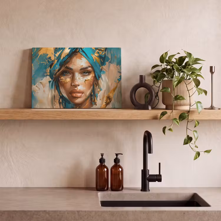 Vrouw - Portret - Goud - Luxe - Blauw canvas 2cm klein -sfeer3