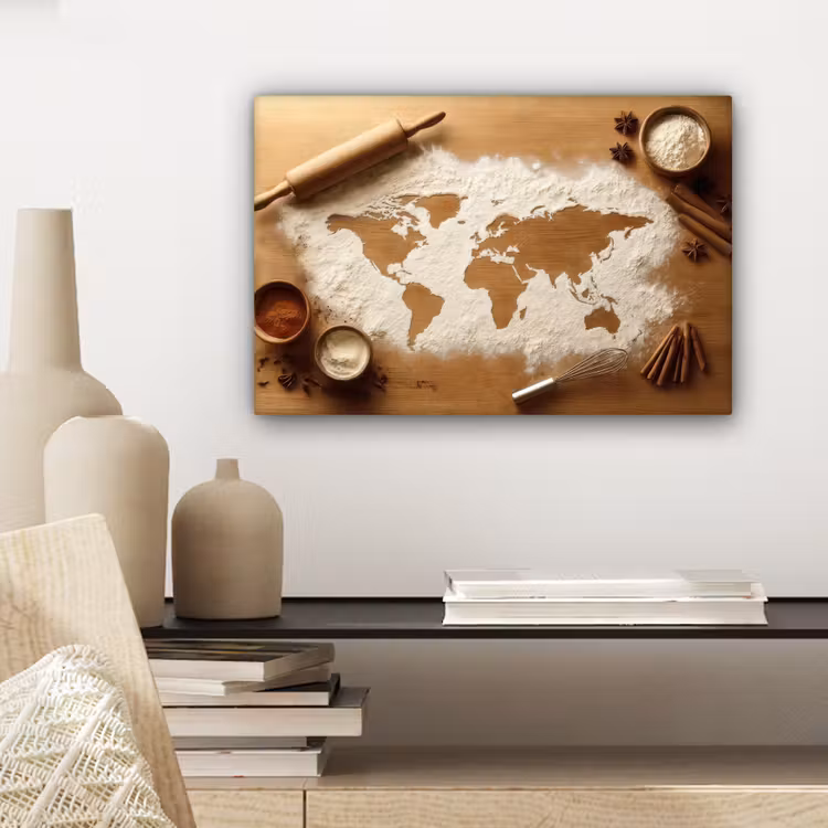 Hout - Wereldkaart - Bakken - Keuken canvas 2cm klein -sfeer6