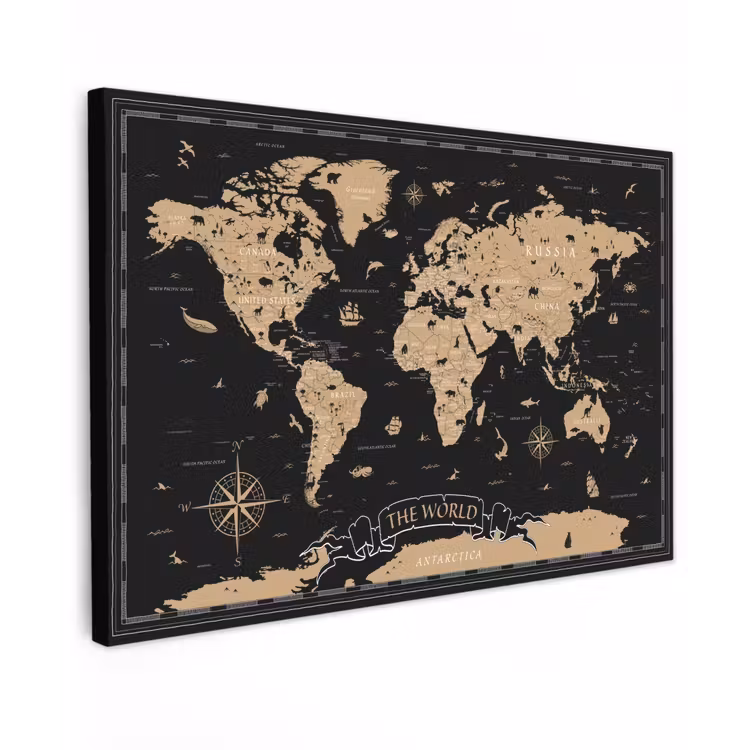 Wereldkaart - Beige - Zwart canvas 2cm klein -z3d