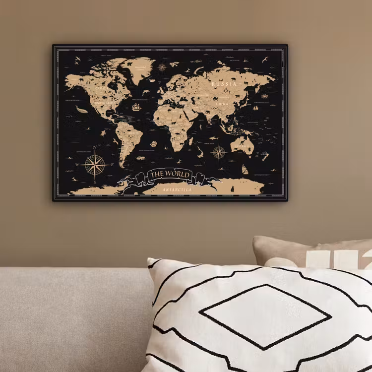 Wereldkaart - Beige - Zwart canvas 2cm klein -sfeer3