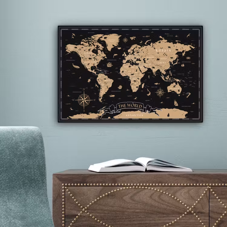 Wereldkaart - Beige - Zwart canvas 2cm klein -sfeer4
