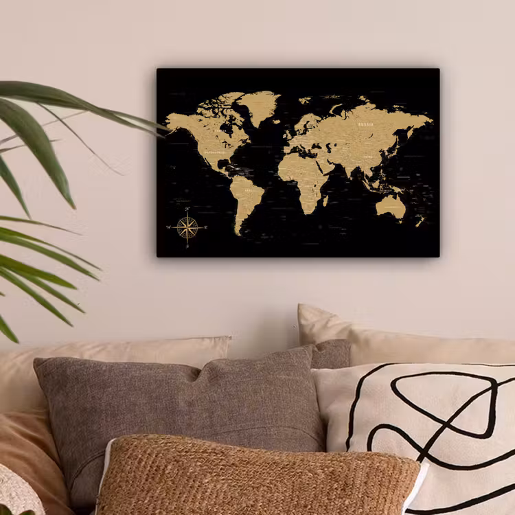 Wereldkaart - Beige - Zwart canvas 2cm klein -sfeer1