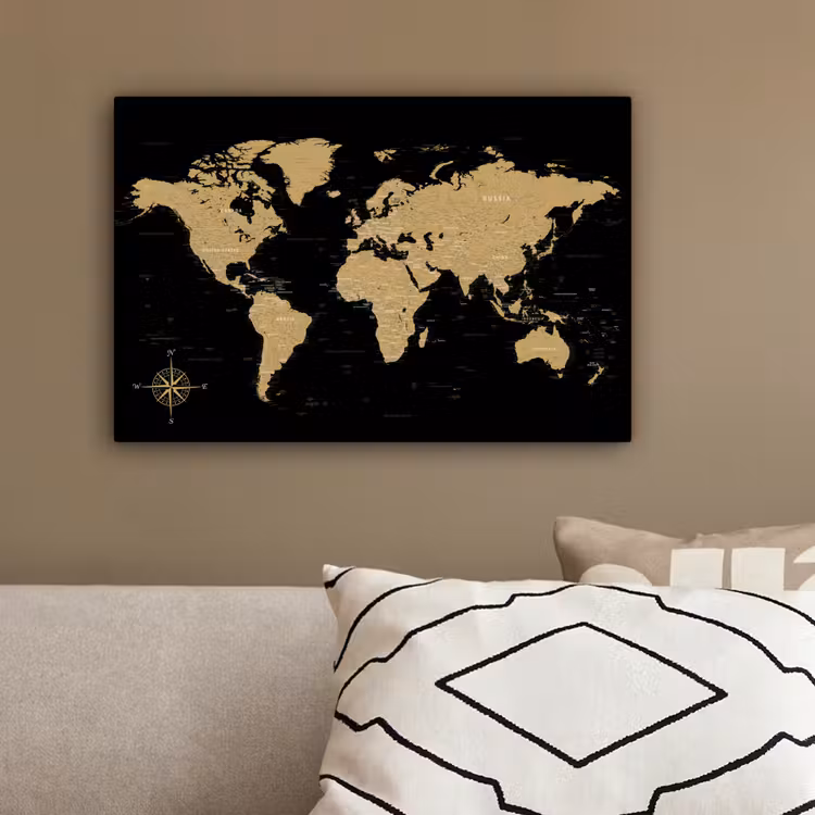 Wereldkaart - Beige - Zwart canvas 2cm klein -sfeer3