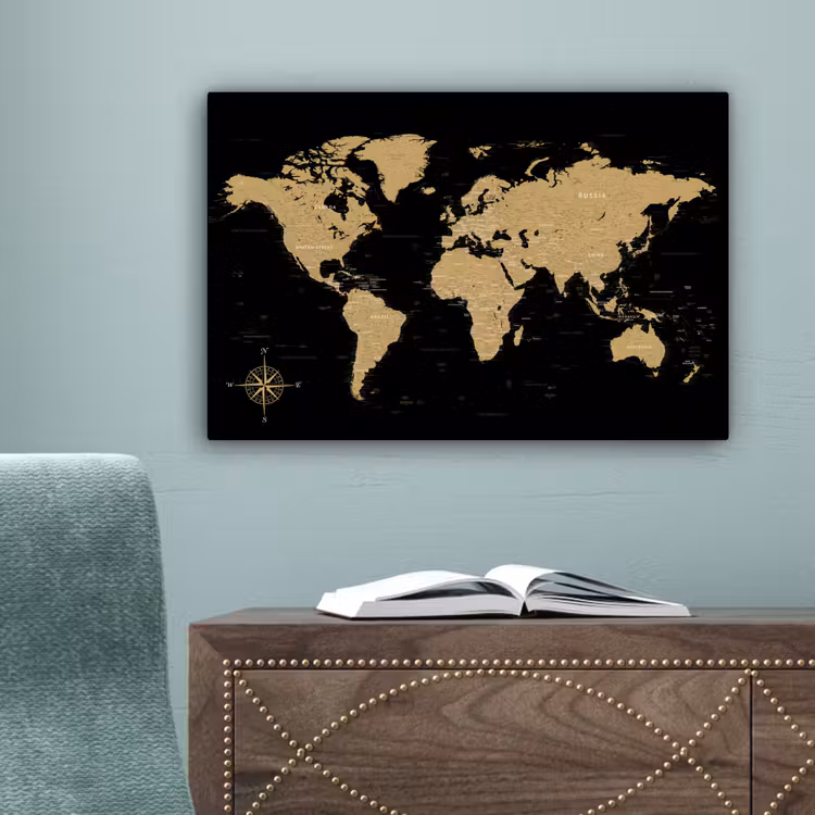 Wereldkaart - Beige - Zwart canvas 2cm klein -sfeer4