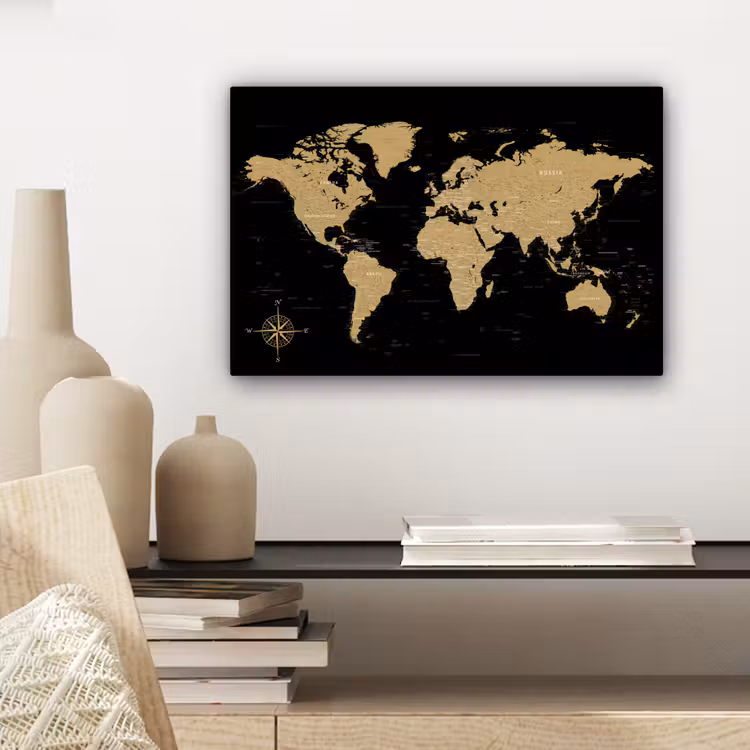 Wereldkaart - Beige - Zwart canvas 2cm klein -sfeer6