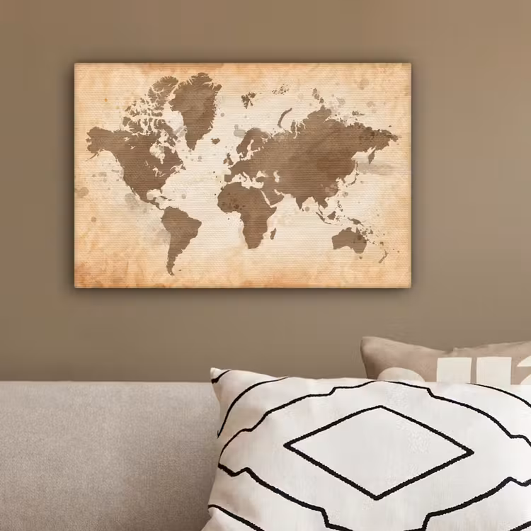 Wereldkaart - Beige - Bruin canvas 2cm klein -sfeer3