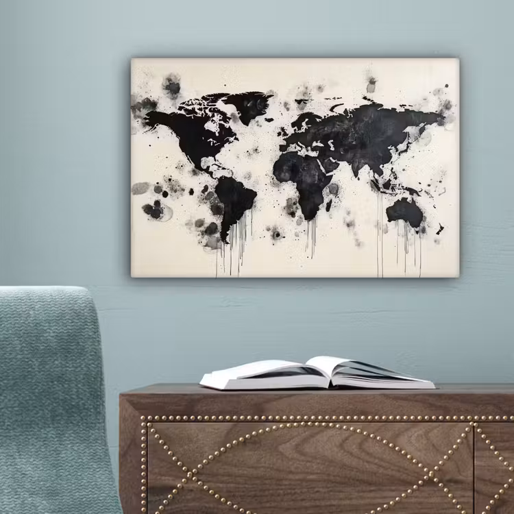 Wereldkaart - Zwart - Inkt canvas 2cm klein -sfeer4