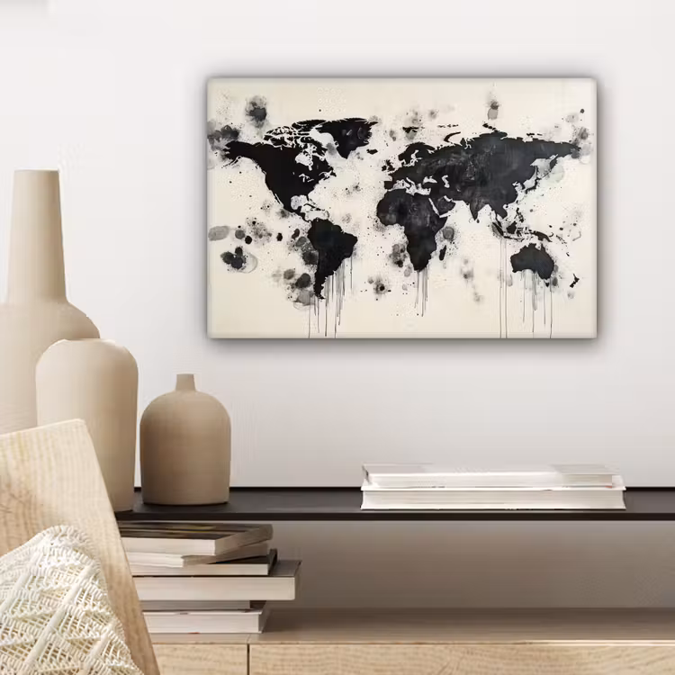 Wereldkaart - Zwart - Inkt canvas 2cm klein -sfeer6