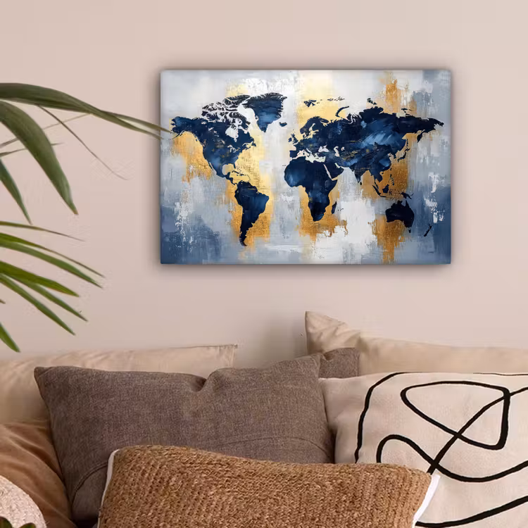 Wereldkaart - Blauw - Abstract canvas 2cm klein -sfeer1