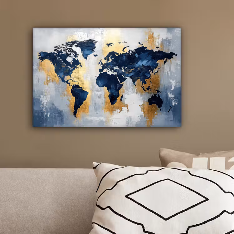 Wereldkaart - Blauw - Abstract canvas 2cm klein -sfeer3