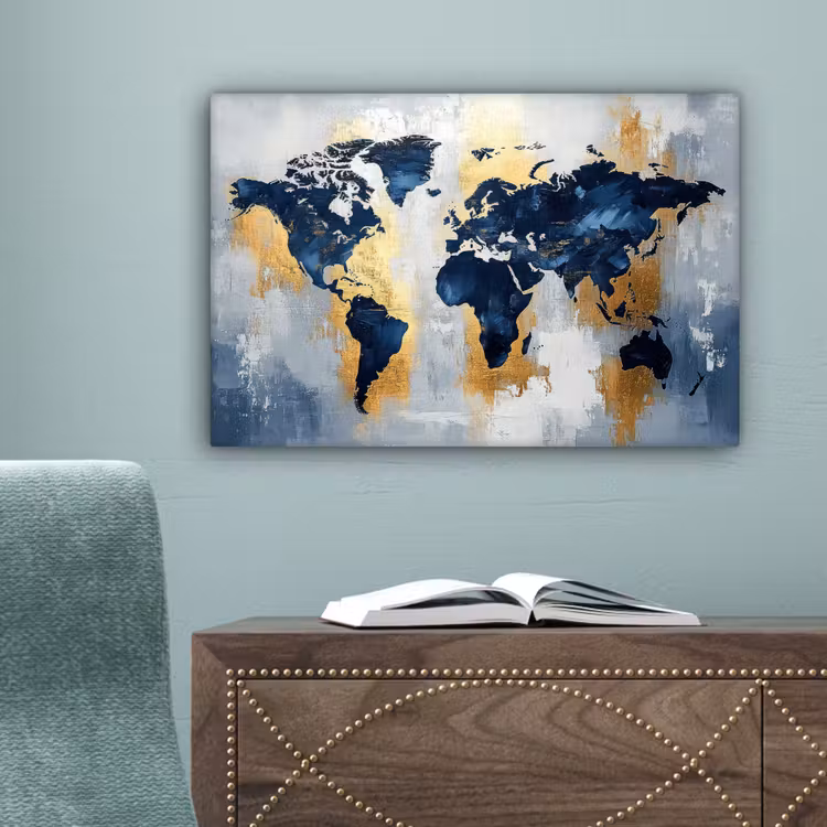 Wereldkaart - Blauw - Abstract canvas 2cm klein -sfeer4