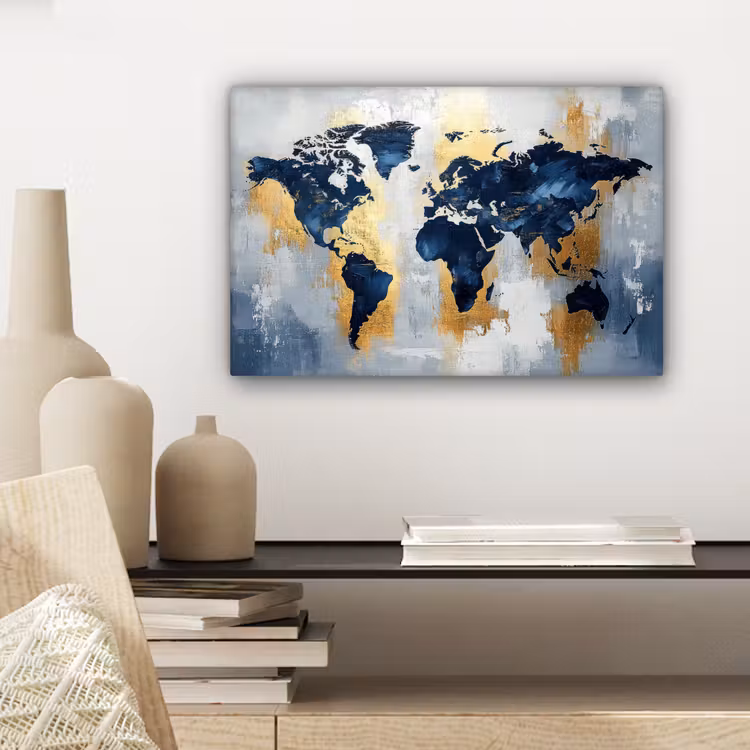 Wereldkaart - Blauw - Abstract canvas 2cm klein -sfeer6