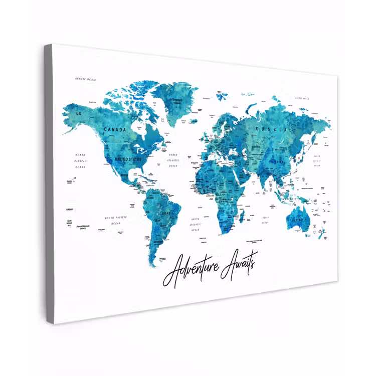 Wereldkaart - Blauw - Kleurrijk canvas 2cm klein -z3d