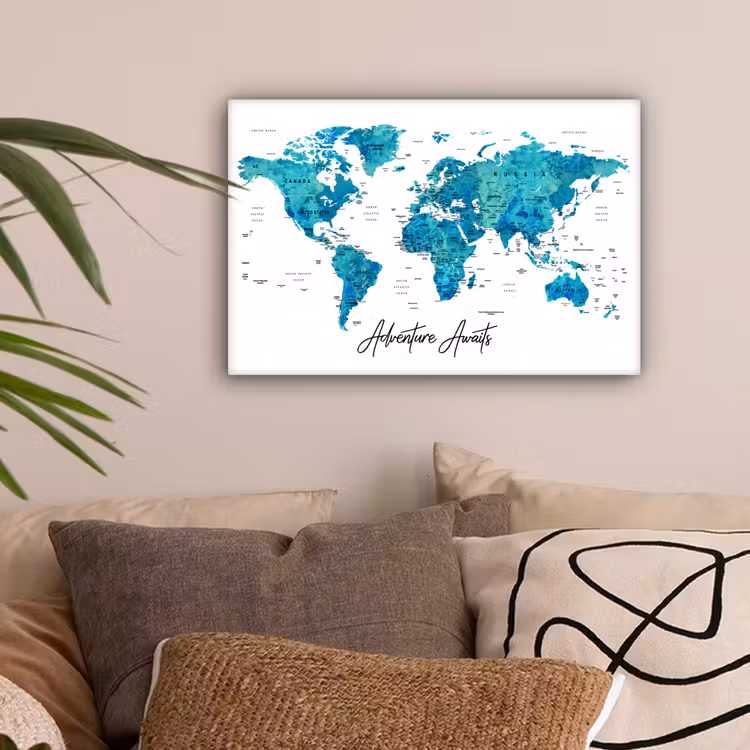 Wereldkaart - Blauw - Kleurrijk canvas 2cm klein -sfeer1