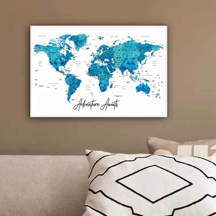 Wereldkaart - Blauw - Kleurrijk canvas 2cm klein -sfeer3