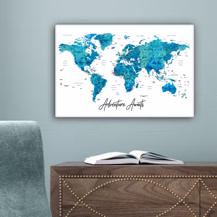 Wereldkaart - Blauw - Kleurrijk canvas 2cm klein -sfeer4